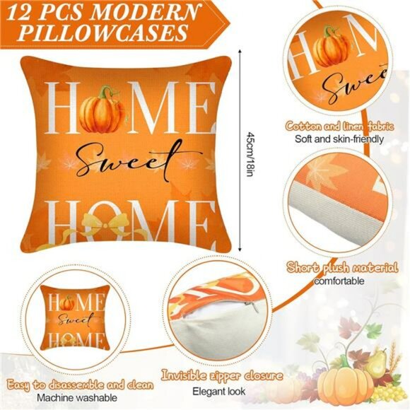Fall Pumpkin Pillow Covers Set of 12 Thanksgiving Autumn Throw Pillow Cases 18x1 - Picture 3 of 8